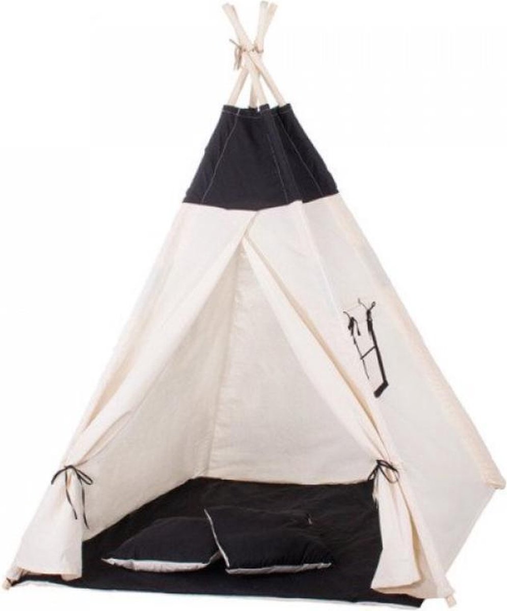Springos Tipi Tent | Wigwam Speeltent | 120x100x180 cm | Met Mat en Kussens | Naturel Zwart